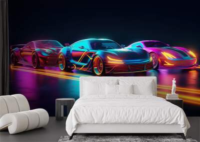 Cars in a bright neon style on a dark background. AI generation Wall mural