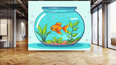 Cartoon illustration of a goldfish in a round aquarium on a light background Wall mural