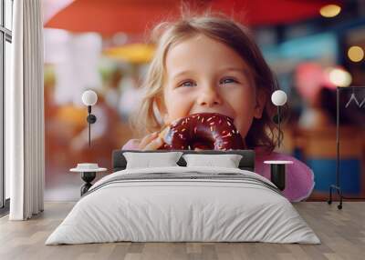 Cute girl eating a delicious donut with chocolate glaze in a cafe outside Wall mural