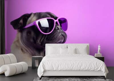 Cute pug with glasses on a purple background with copyspace Wall mural