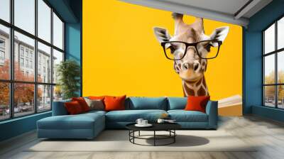 Giraffe with glasses reads a book on a orange background with space for text. Wall mural