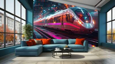 High-speed modern train in neon style Wall mural