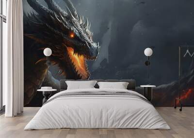 Huge fire-breathing dragon close-up, banner Wall mural