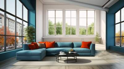 Light empty modern room with a spring landscape in the window. AI generation Wall mural