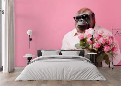 Monkey in a suit with a bouquet of roses on a pink background Wall mural