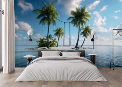 Small remote island with palm trees in the ocean Wall mural