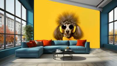 The dog is wearing headphones on a yellow background. AI generation Wall mural