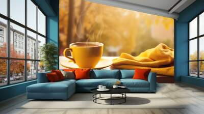 Yellow cup with fragrant coffee by the window on an autumn day Wall mural