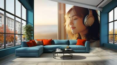 Young Asian girl in headphones listening to music by the window Wall mural