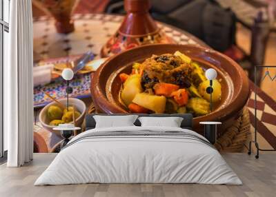 Tagine with beef and vegetables - traditional food of Morocco. Traditional moroccan cuisine.  Wall mural