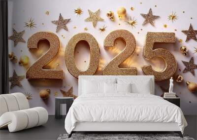 Celebrate 2025 with shining golden 3D numbers. Glittering and elegant, perfect for festive New Year projects, digital designs, and posters. Add sparkle and luxury to your creations. Wall mural