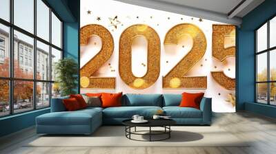 Celebrate 2025 with shining golden 3D numbers. Glittering and elegant, perfect for festive New Year projects, digital designs, and posters. Add sparkle and luxury to your creations. Wall mural