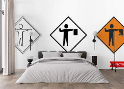 Flagman ahead roadworks sign icon of 3 types color, black and white, outline. Isolated vector sign symbol. Wall mural