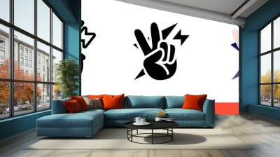 Peace sign hand with fingers on a background of lightning or triangles icon. Isolated vector sign symbol. Wall mural