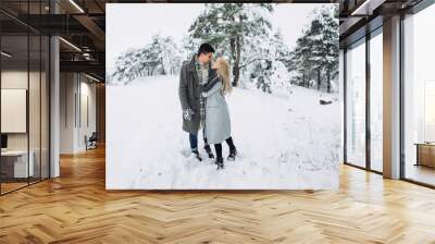 Happy loving couple walking in winter park enjoying snow Wall mural