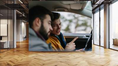 two happy male friends in road trip Wall mural