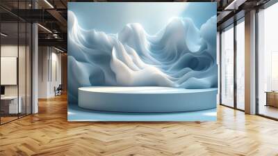 The podium has an abstract light blue background with wavy lines. Wall mural