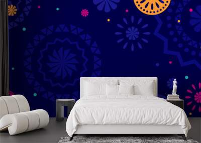 Hispanic heritage month background. Vector banner, poster for social media, networks. Greeting card with copy space. National Hispanic heritage month text, Papel Picado pattern on blue background. Wall mural