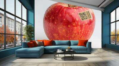 A single red apple with a barcode and QR code label Wall mural