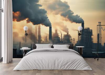 Chemical factory with smoke stack. Emission from pipes. Ecology and environmental protection problems, air pollution.  Wall mural