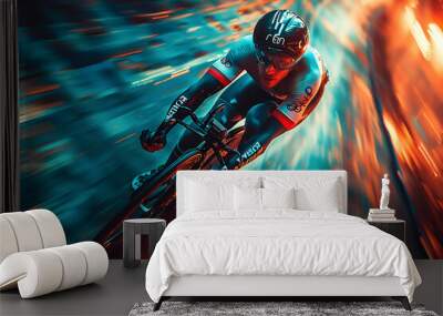 Cyclist speeding around a velodrome track, muscles pumping and wheels whirring, demonstrating the speed and skill of olympic cycling events Wall mural