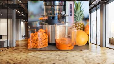 Making fruit juice with juicer machine in home kitchen, healthy eating lifestyle concept Wall mural