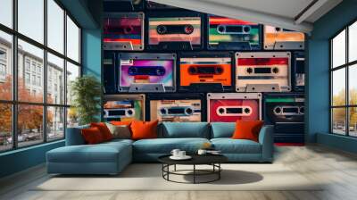 Set of old audio cassettes on red background Wall mural