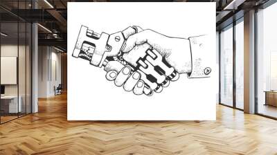 Business human and robot hands shake. Concept future business illustration. Future concept Connection structure. Vector hand drawn scratch style science image Wall mural