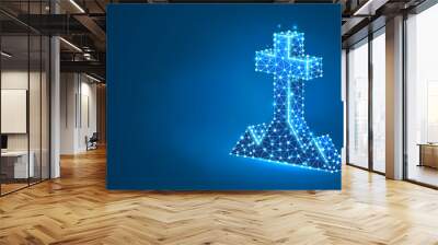 Christian cross on a hill. The crucifixion of Jesus, the Christian religion concept. Abstract, digital, wireframe, low poly mesh, Raster blue neon 3d illustration. Triangle, line, dot Wall mural