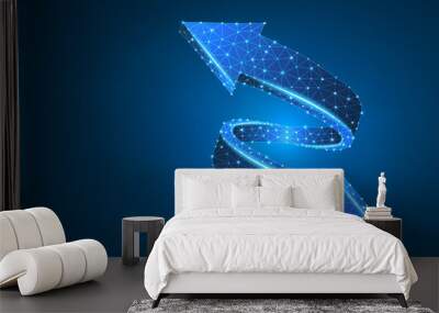 Crossroad direction two ways arrows abstract wireframe digital 3d illustration. Low poly crossway choice concept with lines, dots, starry sky on blue background. Vector neon polygonal up and down sign Wall mural