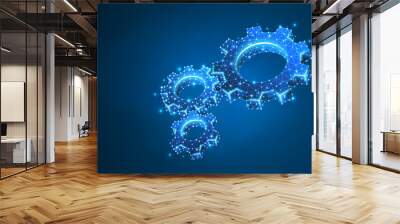 Gears. Industry, business solution, mechanical technology, machine engineering concept. Abstract, digital, wireframe, low poly mesh, vector blue neon 3d illustration. Triangle, line, dot, star Wall mural