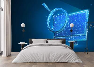 Magnifying glass on computer monitor. Internet surfing, Analysis, Search symbol. Abstract digital wireframe, low poly mesh, polygonal Raster blue neon 3d illustration. Triangle, line, dot Wall mural