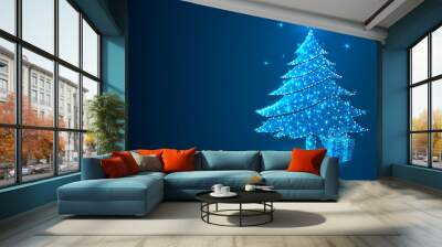 New year tree and gift box made from lines, triangles, point connecting network on blue background. Holiday wireframe concept. Low-poly Raster polygonal illustration Wall mural