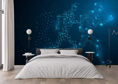 Three-dimentional running man. low-poly wireframe Vector polygonal illustration. Starry sky or space form, consisting of points, lines, lights, shapes in the form of stars with destruct shapes Wall mural