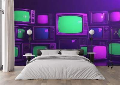 artistic 3d rendered composition stack of old classic television with green screen monitor random position in empty dark room dynamic composition cinematic purple lighting chroma key multimedia media Wall mural