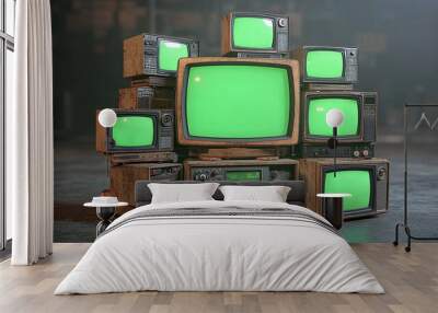 artistic 3d rendered composition stack old classic television with green screen monitors random positions in empty room dynamic composition cinematic lighting video element chroma key video element Wall mural