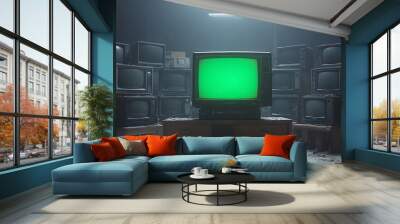 artistic 3d rendered composition stack old classic television with green screen monitors random positions in empty room dynamic composition cinematic lighting video element chroma key video element Wall mural