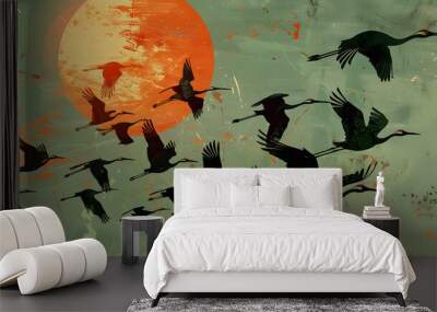 composition of birds swarm flying in the sky artwork, soft pastel colors, brush strokes 2d painting, artistic for print Wall mural