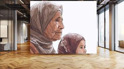 digital painting of an old woman with a young girl granddaughter, grandmother artistic artwork,  Wall mural