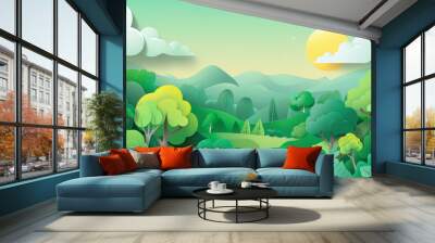 green landscape paper cut out animation style, cartoon 2d paper realistic 3d layers look, sun and tree and clouds background spring atmosphere natural environment healthy earth panoramic view panorama Wall mural