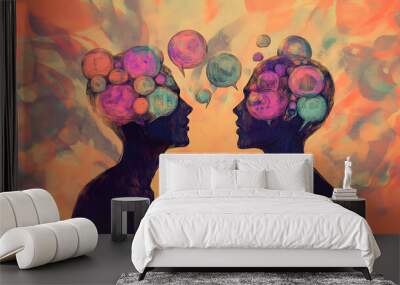 healthy relationship deep conversation vulnerable confusion social concept 2 person communication chat bubbles minds artwork digital painting illustration mental health two human beings communicating  Wall mural