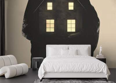 homesickness concept 2d illustration, loneliness, immigration, portrait of a silhouetted immigrant man holding home in his arms, black and white cartoon merged graphic design Wall mural