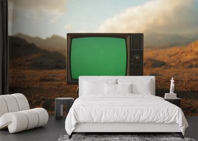 old classical television in the middle of the desert, panorama landscape green screen monitor chroma key tv at sand 3d realistic rendered panorama view nature mountains sky clouds sunny artistic scene Wall mural