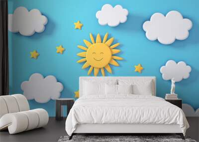 paper cut out style illustration of a happy yellow sun with clouds, cut-out animation cartoon book illustration, blue background for kids content social media Wall mural