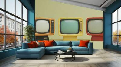 set of minimal tvs monitor toys next to each other 3d render tv screen classical cute old square design realistic rendered classic vintage antique retro retrospect illustration indoor green background Wall mural