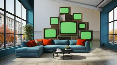 stack of old televisions, stacks of tvs green screen monitors in empty room panorama white indoor background group of chroma key graphic dynamic composition display 3d realistic render Wall mural