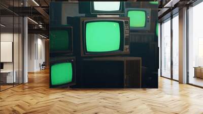 vertical 3d rendered stack of classical old televisions, green screen tv monitors vintage chrome key TVs in modern room location set design video element dynamic scene reel background Wall mural