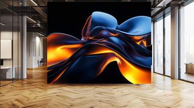 2. **Create a 3D abstract futuristic design with flowing, interconnected forms that appear to be emerging from a black void. The shape should have a luminous quality, suggesting a high-tech aesthetic. Wall mural