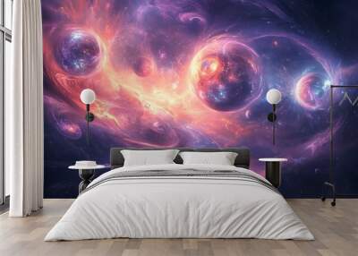 2. An otherworldly scene of swirling particles and luminous orbs in a cosmic expanse Wall mural