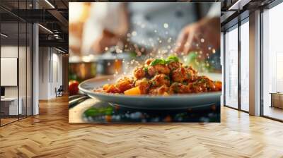 A beautifully plated dish features gourmet pasta with vibrant sauce and herbs, captured in an elegant kitchen setting. Wall mural